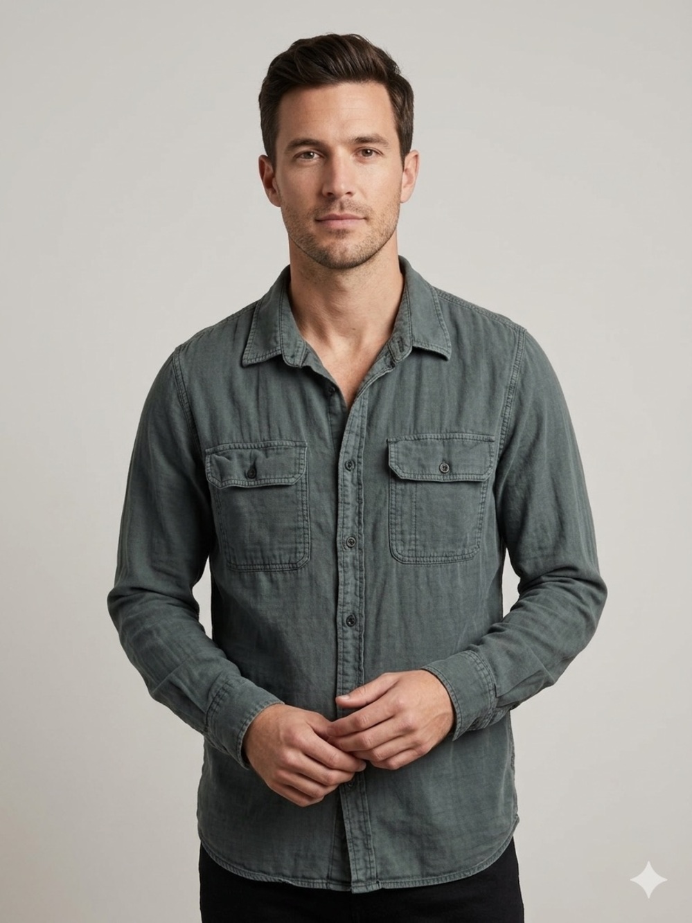 Buck Mason Sz XL Green Grey Button Front Relaxed Cotton Shirt